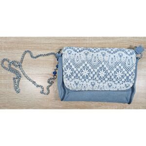 Olivia Miller Blue Lace Crossbody Bag Small Purse Chain Strap Snap Closure